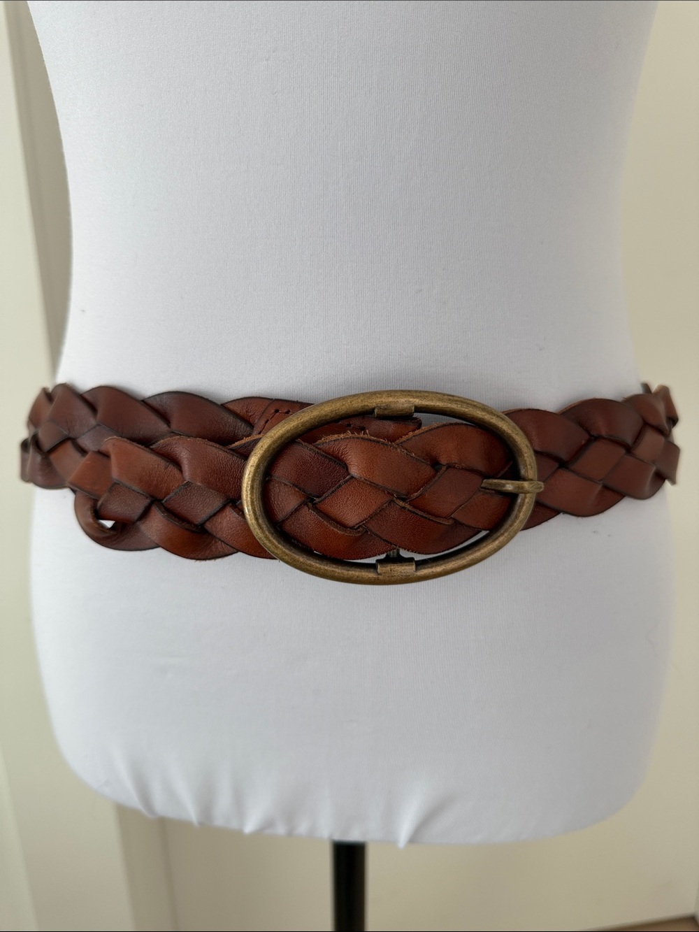 BELT Wide Braided Genuine Leather Antiqued Brass Tone Oval Buckle Western Boho